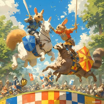 Enjoy a whimsical jousting scene featuring animal knights in armor atop their noble steeds. This fun-filled image is perfect for promoting games, fantasy stories, or medieval themes.