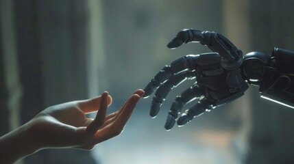 Robot hand about to touch a human hand. generative ai - obrazy, fototapety, plakaty