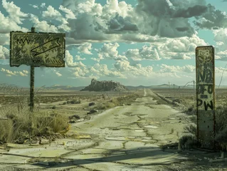 Zelfklevend Fotobehang A weathered warning sign stands next to a cracked and crumbling highway in a desolate desert landscape © Napat