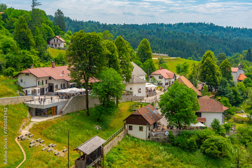 Sticker panorama of predjama village in slovenia