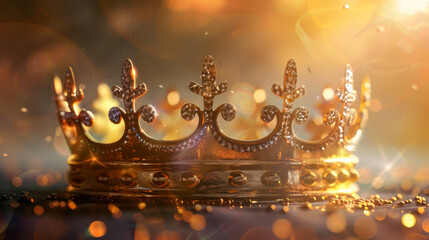 A close-up of a regal golden crown adorned with sparkling jewels, reflecting light and suggesting royalty or achievement - obrazy, fototapety, plakaty