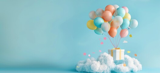 A delightful 3D illustration of a gift box gliding above the clouds, buoyed by vibrant balloons, conveying a feeling of happiness and adventure.
