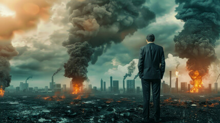 A man in a suit looks over a devastated landscape filled with industrial smoke and flames symbolizing environmental disaster