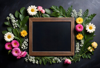 flowers and leaves surround a blackboard frame on a black background