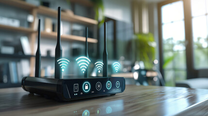 Modern router with Wi-Fi signal, suitable for tech and smart home environment concepts.