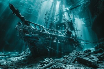 A shipwreck is seen in the ocean with a lot of debris and fish swimming around it. Scene is eerie and mysterious, as the ship is long gone and the ocean is filled with life