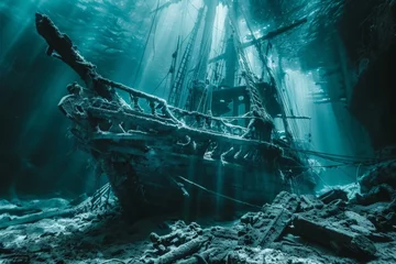 Fotobehang A shipwreck is seen in the ocean with a lot of debris and fish swimming around it. Scene is eerie and mysterious, as the ship is long gone and the ocean is filled with life © Yuliia