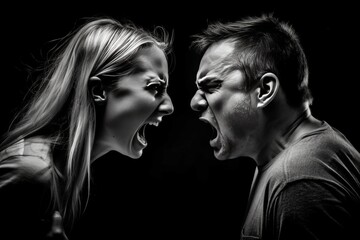 The husband and wife are in a state of intense emotional tension and argument. They stand close to each other, shouting, their faces expressing anger and frustration. Toxic relationships - obrazy, fototapety, plakaty