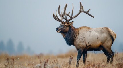 Majestic elk with impressive antlers in a serene field showcases the beauty of wildlife
