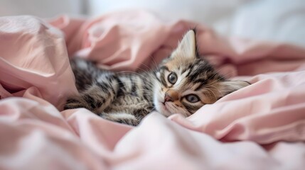 Fototapeta na wymiar cute kitten playing in a bed