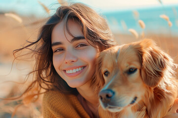 Portrait of a young smiling Caucasian girl 25 years old playing with a dog on the seashore. Friendship, pets as family members