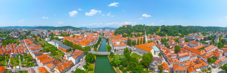 Aerial view of the Ljubljanica river and the city center of Ljubljana, Slovenia