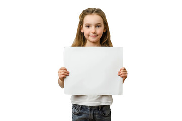 Fototapeta premium Girl holding a blank billboard isolated on white background. 
