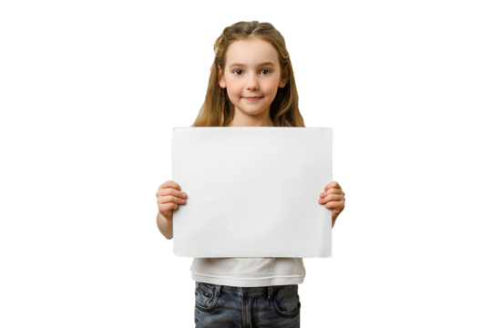 Girl holding a blank billboard isolated on white background.
