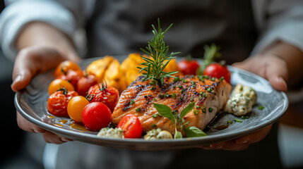 Restaurant service. chef hand hold plate Fresh healthy food.