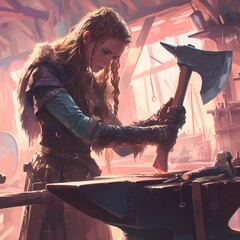 Empowering Viking Warrior Woman Forging Axe in Traditional Blacksmith's Workshop