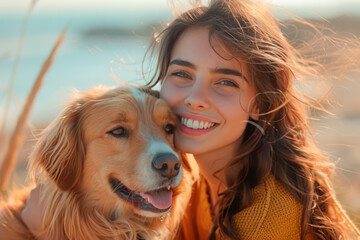 Portrait of a young smiling Caucasian girl 25 years old hugging a dog on the seashore. Friendship, pets as family members