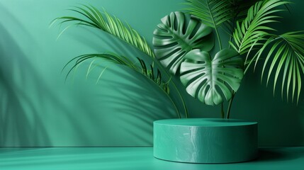 Green cylindrical podium with monstera leaf generative ai - obrazy, fototapety, plakaty