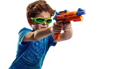 Asian kid boy holding toy gun, Thai child funny hold toy water pistol and smile, isolated on white background.