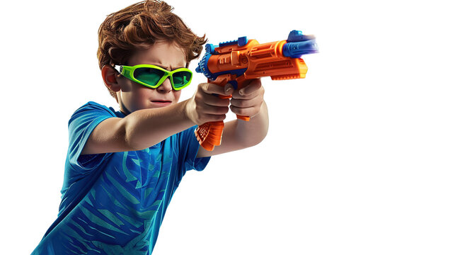 Asian kid boy holding toy gun, Thai child funny hold toy water pistol and smile, isolated on white background.