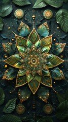 Illustrate the wisdom of nature with an intricate mandala design incorporating Gotu kola leaves and sacred geometric patterns - obrazy, fototapety, plakaty
