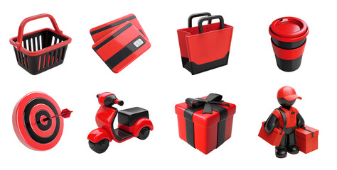 Shopping 3d style red icon set. Basket, gift, credit card, coffee cup, scooter, target, delivery man 3d icon.