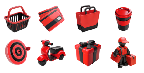 Shopping 3d style red icon set. Basket, gift, credit card, coffee cup, scooter, target, delivery man 3d icon.