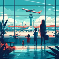 Engaging Scene at Airfield: People and Pets Watching Planes - obrazy, fototapety, plakaty