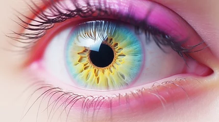 Foto op Plexiglas Healthy vision or eyesight with optometry treatment concept. Tired female eye with beautiful rainbow pupil. Closeup of a girl with contact lens and unusual pupil with iris color. © Muzamil