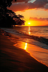 The sunset over the horizon and the beach in the foreground create an atmosphere of romance and tranquility. Vertical