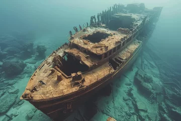 Photo sur Aluminium brossé Naufrage A shipwreck is seen in the ocean with a lot of debris and fish swimming around it. Scene is eerie and mysterious, as the ship is long gone and the ocean is filled with life