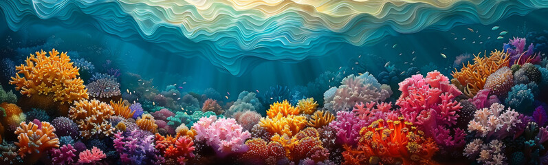 Vibrant Underwater Seascape with Coral Diversity. Background Panorama. A kaleidoscope of colorful corals creates a vivid underwater landscape. - obrazy, fototapety, plakaty