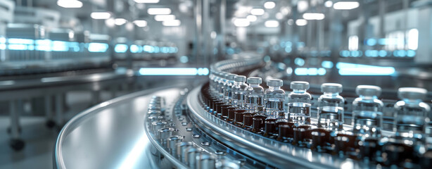 Automated Pharmaceutical Production Line. Sterile vials on modern conveyor belt.