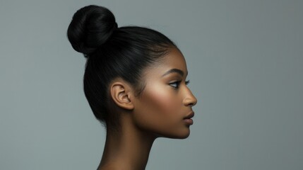 A stunning African American model with a sleek bun hairstyle, captured in a side profile against a plain gray backdrop. - obrazy, fototapety, plakaty