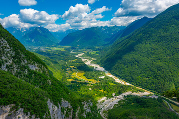 Panorama view over Soca river valley in Slovenia