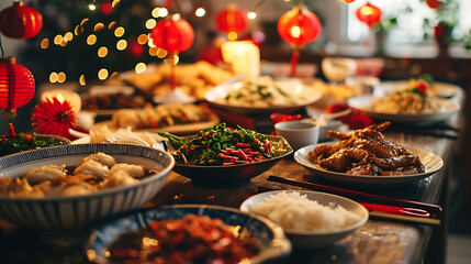 Hosting gatherings with loved ones, enjoying traditional delicacies, and creating cherished memories during Chinese New Year. Copy Space - obrazy, fototapety, plakaty