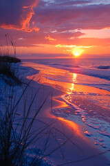 The sunset over the horizon and the beach in the foreground create an atmosphere of romance and tranquility. Vertical