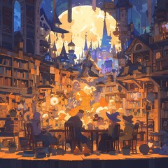 A whimsical gathering in an enchanting library bathed in moonlight.