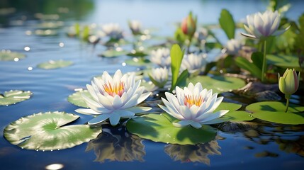 Serene Symphony: Elegant Lily Blossoms Gracefully Emerge from the Reflective Depths of a Tranquil Pond, Embracing Nature's Poetic Ballet