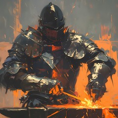 Masterful Artisan Forging Battle-Worn Steel Armor in Mystical Workshop