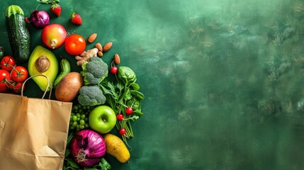 Paper bag filled with assorted fruits, vegetables, and nuts on a vibrant green background, showcasing healthy eating and fresh produce.
 - obrazy, fototapety, plakaty