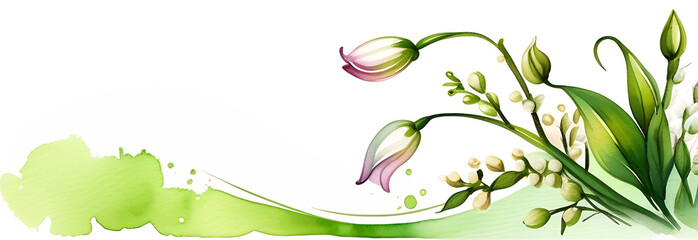 a banner with a watercolor image of beautiful spring flowers, copy space, lily