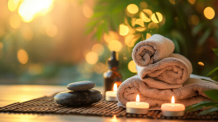 Spa setting with towels and candles at sunset. Ideal for promoting spa and relaxation services, wellness centers, and therapeutic ambiance.