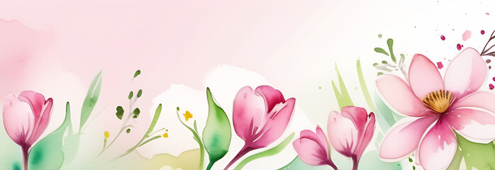 a banner with a watercolor image of beautiful spring flowers, copy space, pink pions