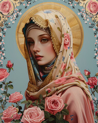 Our Lady Virgin Mary, Madonna, Mother of Jesus in wreath of roses