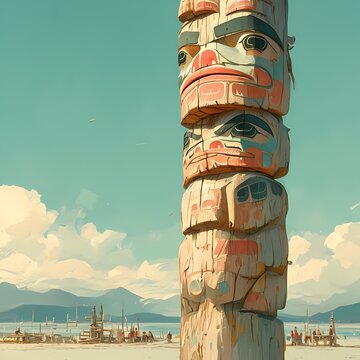Enchanting Scene of Haida Tribal Totem Pole Raising on the Pacific Coast