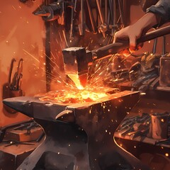 Master Blacksmith at Work - Intense Focus and Skill Illustrated