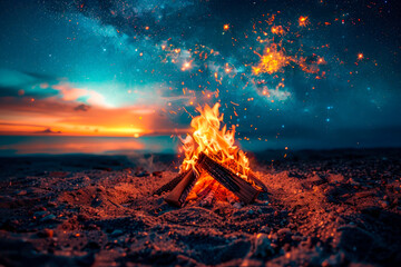 Colorful image of the sunset beyond the horizon or a brightly burning campfire under the starry sky. Warm tones and vibrant highlights to convey an atmosphere of warmth and coziness