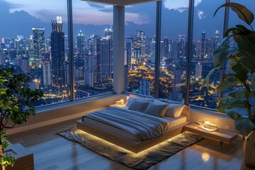 A large bedroom with a view of the city. The room is decorated with a black bed, a white bedspread, and a black and white rug. The room has a modern and sophisticated feel - obrazy, fototapety, plakaty