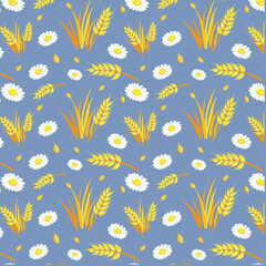 Summer seamless pattern with daisies and ear of grain. Harvesting. Rustic pattern with flowers and yellow ear of grain on a blue background. Vector background for wrapping paper, fabric